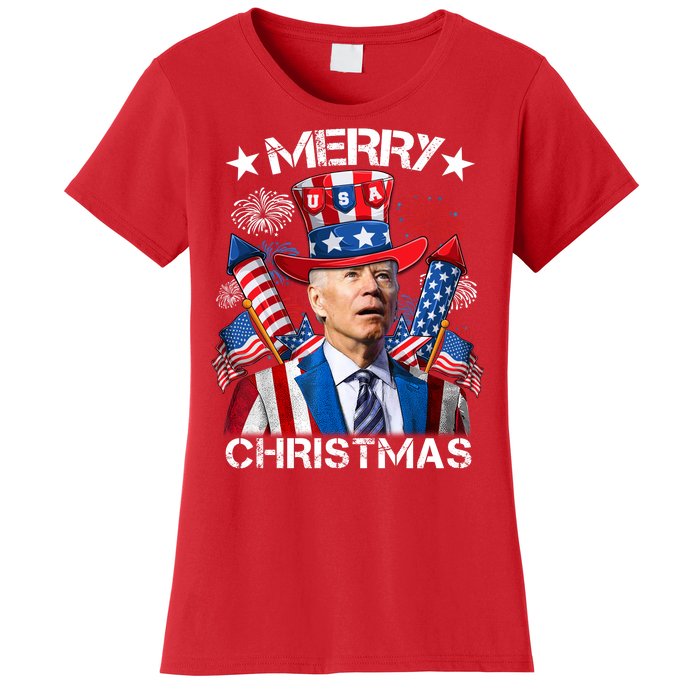 Funny Joe Biden 4th Of July Merry Christmas Firework USA Women's T-Shirt