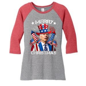 Funny Joe Biden 4th Of July Merry Christmas Firework USA Women's Tri-Blend 3/4-Sleeve Raglan Shirt