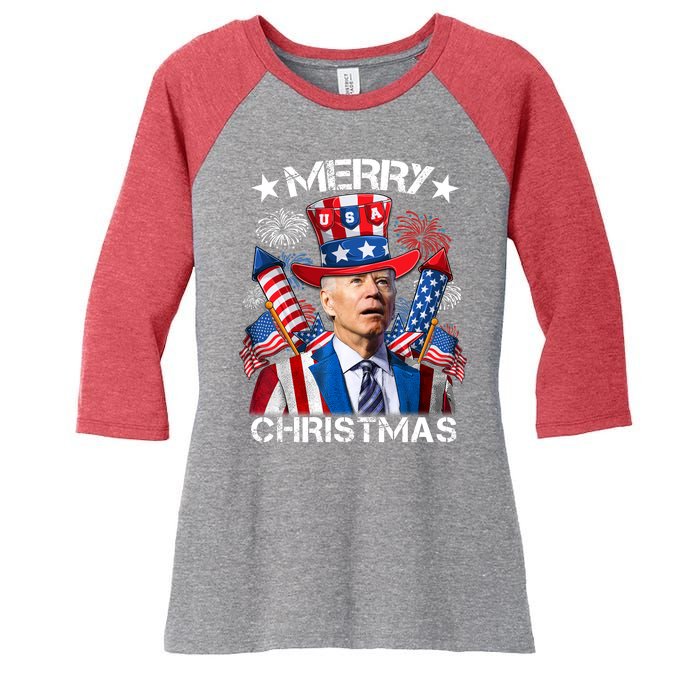 Funny Joe Biden 4th Of July Merry Christmas Firework USA Women's Tri-Blend 3/4-Sleeve Raglan Shirt