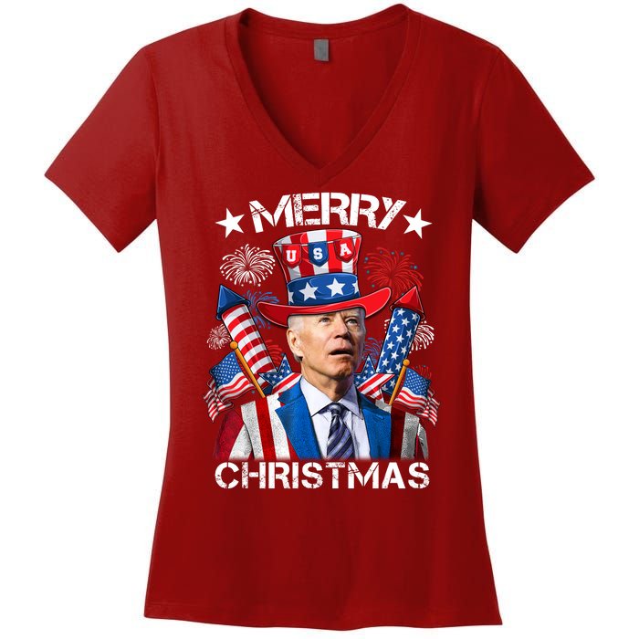 Funny Joe Biden 4th Of July Merry Christmas Firework USA Women's V-Neck T-Shirt