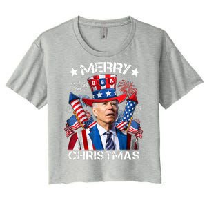 Funny Joe Biden 4th Of July Merry Christmas Firework USA Women's Crop Top Tee