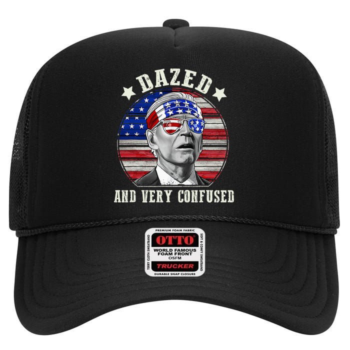 Funny Joe Biden Dazed And Very Confused 4th Of July 2024 High Crown Mesh Back Trucker Hat