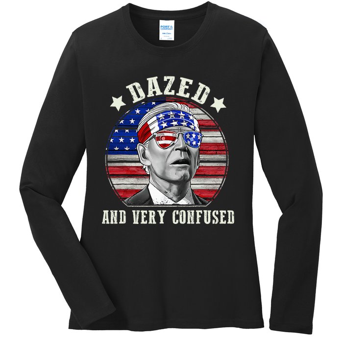 Funny Joe Biden Dazed And Very Confused 4th Of July 2024 Ladies Long Sleeve Shirt