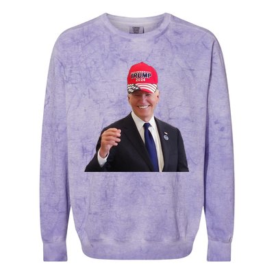 Funny Joe Biden Dons Trump 2024 Cap Wear A Trump Hat Gift Colorblast Crewneck Sweatshirt