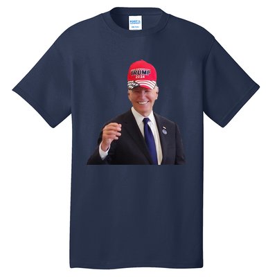 Funny Joe Biden Dons Trump 2024 Cap Wear A Trump Hat Gift Tall T-Shirt