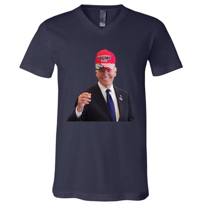 Funny Joe Biden Dons Trump 2024 Cap Wear A Trump Hat Gift V-Neck T-Shirt