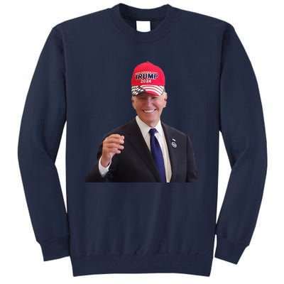 Funny Joe Biden Dons Trump 2024 Cap Wear A Trump Hat Gift Tall Sweatshirt