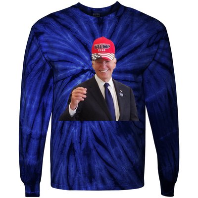 Funny Joe Biden Dons Trump 2024 Cap Wear A Trump Hat Gift Tie-Dye Long Sleeve Shirt