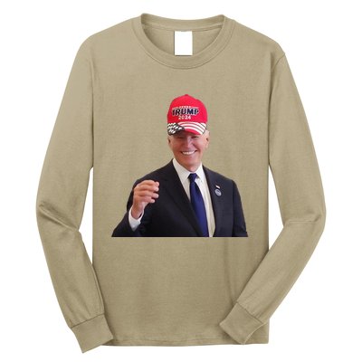 Funny Joe Biden Dons Trump 2024 Cap Wear A Trump Hat Gift Long Sleeve Shirt