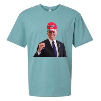 Funny Joe Biden Dons Trump 2024 Cap Wear A Trump Hat Gift Sueded Cloud Jersey T-Shirt