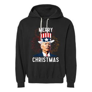 Funny Joe Biden Merry Christmas For Fourth Of July Garment-Dyed Fleece Hoodie