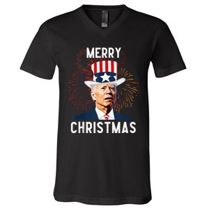 Funny Joe Biden Merry Christmas For Fourth Of July V-Neck T-Shirt