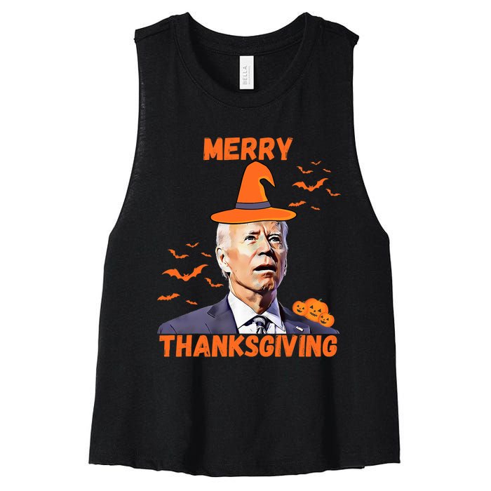 Funny Joe Biden Confused Merry Thanksgiving Happy Halloween Women's Racerback Cropped Tank