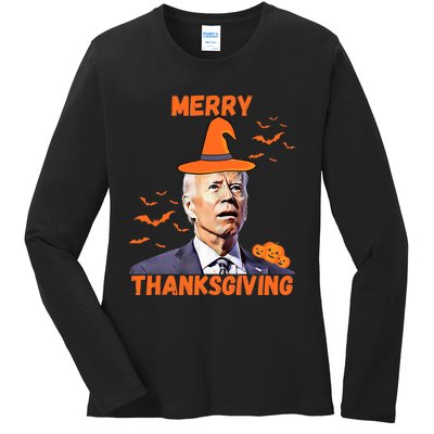 Funny Joe Biden Confused Merry Thanksgiving Happy Halloween Ladies Long Sleeve Shirt