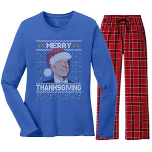 Funny Joe Biden Merry Thanksgiving Ugly Christmas Gift Women's Long Sleeve Flannel Pajama Set 