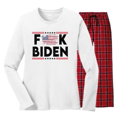 Fuck Joe Biden Funny Anti Democrat Us Flag Distressed Fuck Joe Biden Women's Long Sleeve Flannel Pajama Set 