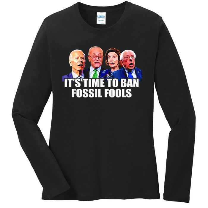 Funny Joe Biden It's Time To Ban Fossil Fools Anti Liberals Ladies Long Sleeve Shirt