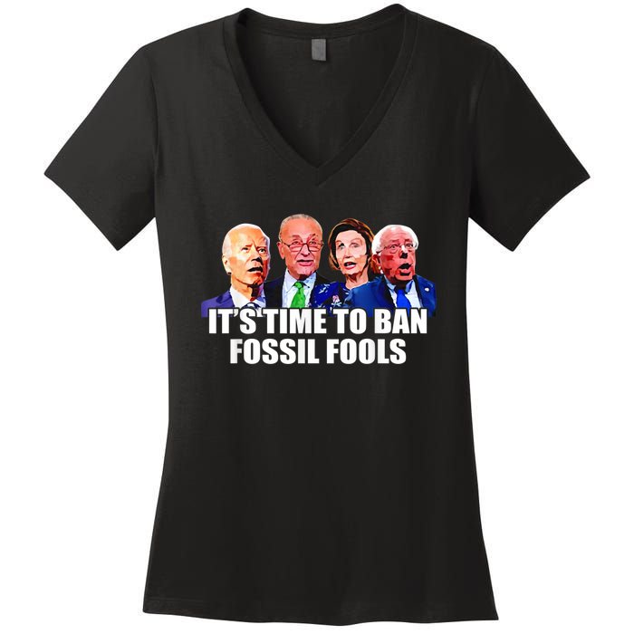 Funny Joe Biden It's Time To Ban Fossil Fools Anti Liberals Women's V-Neck T-Shirt