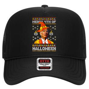 Funny Joe Biden Merry 4th Of Halloween Costume Scary Pumpkin High Crown Mesh Back Trucker Hat