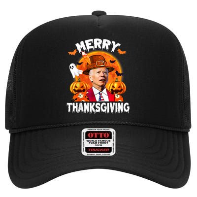 Funny Joe Biden Confused Merry Thanksgiving For Halloween High Crown Mesh Back Trucker Hat