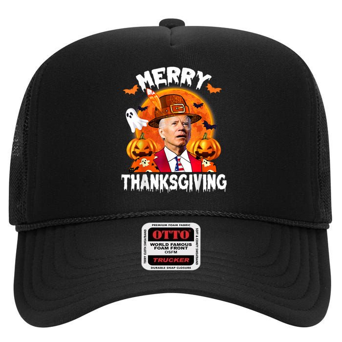 Funny Joe Biden Confused Merry Thanksgiving For Halloween High Crown Mesh Back Trucker Hat