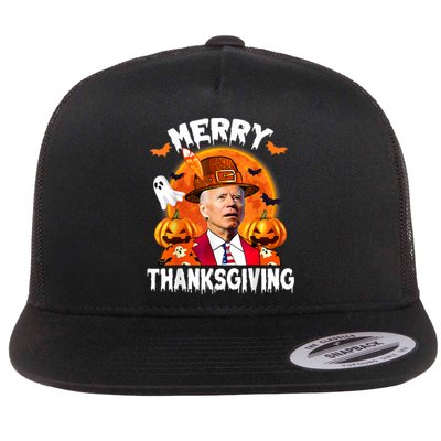 Funny Joe Biden Confused Merry Thanksgiving For Halloween Flat Bill Trucker Hat