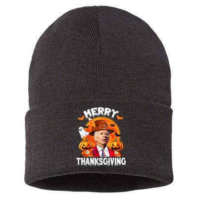 Funny Joe Biden Confused Merry Thanksgiving For Halloween Sustainable Knit Beanie