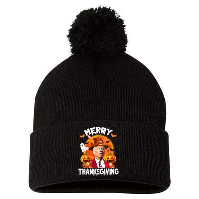 Funny Joe Biden Confused Merry Thanksgiving For Halloween Pom Pom 12in Knit Beanie