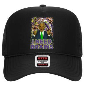 Funny Joe Biden Zombie I Need Brains Anti Liberals Halloween High Crown Mesh Back Trucker Hat