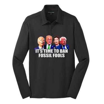 Funny Joe Biden Its Time To Ban Fossil Fools Anti Liberals Silk Touch Performance Long Sleeve Polo