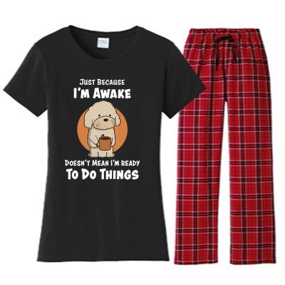 Funny Just Because I’m Awake Cute Doodle Dog with Coffee Women's Flannel Pajama Set