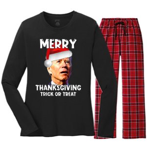 Funny Joe Biden Santa Hat Merry Thanksgiving Christmas Women's Long Sleeve Flannel Pajama Set 