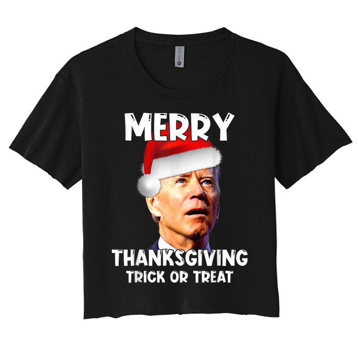 Funny Joe Biden Santa Hat Merry Thanksgiving Christmas Women's Crop Top Tee