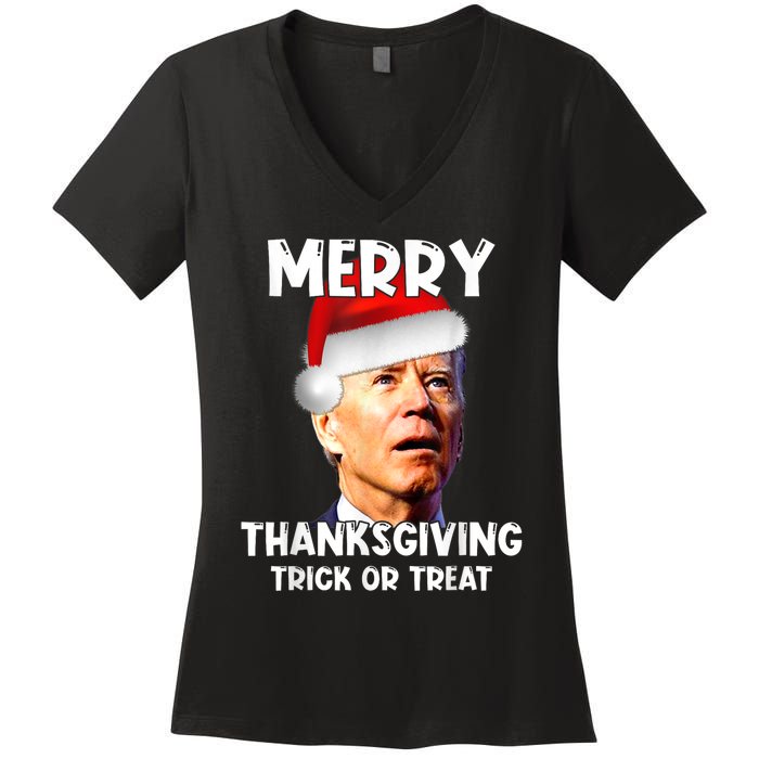 Funny Joe Biden Santa Hat Merry Thanksgiving Christmas Women's V-Neck T-Shirt