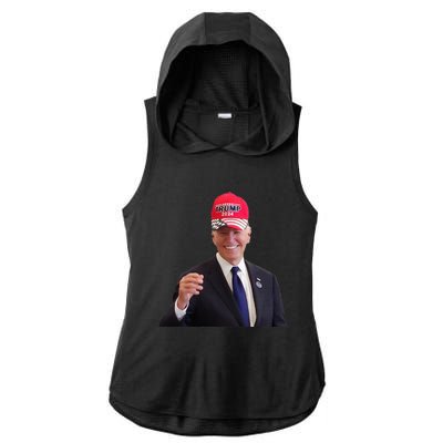 Funny Joe Biden Dons Trump 2024 Cap Wear A Trump Hat Ladies PosiCharge Tri-Blend Wicking Draft Hoodie Tank