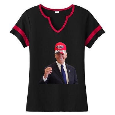 Funny Joe Biden Dons Trump 2024 Cap Wear A Trump Hat Ladies Halftime Notch Neck Tee