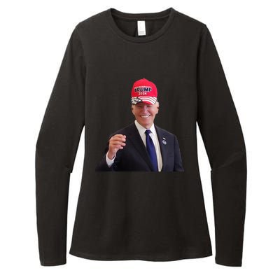 Funny Joe Biden Dons Trump 2024 Cap Wear A Trump Hat Womens CVC Long Sleeve Shirt