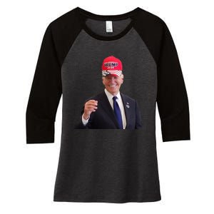 Funny Joe Biden Dons Trump 2024 Cap Wear A Trump Hat Women's Tri-Blend 3/4-Sleeve Raglan Shirt