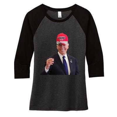 Funny Joe Biden Dons Trump 2024 Cap Wear A Trump Hat Women's Tri-Blend 3/4-Sleeve Raglan Shirt