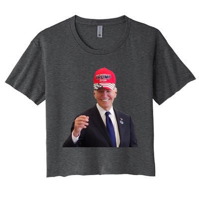 Funny Joe Biden Dons Trump 2024 Cap Wear A Trump Hat Women's Crop Top Tee