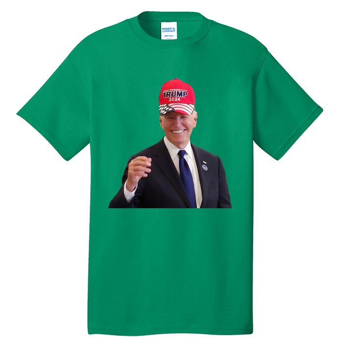 Funny Joe Biden Dons Trump 2024 Cap Wear A Trump Hat Tall T-Shirt