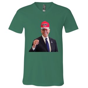 Funny Joe Biden Dons Trump 2024 Cap Wear A Trump Hat V-Neck T-Shirt