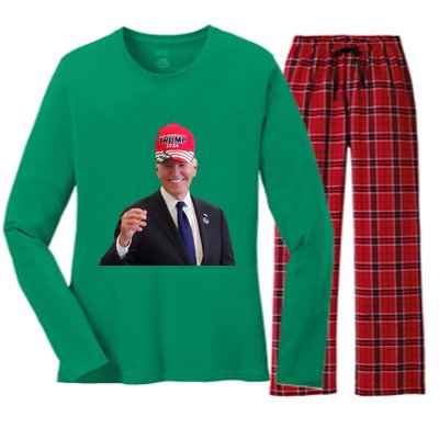 Funny Joe Biden Dons Trump 2024 Cap Wear A Trump Hat Women's Long Sleeve Flannel Pajama Set 