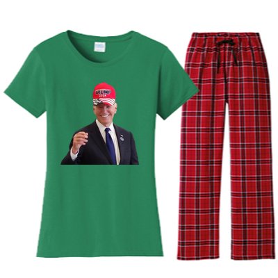 Funny Joe Biden Dons Trump 2024 Cap Wear A Trump Hat Women's Flannel Pajama Set