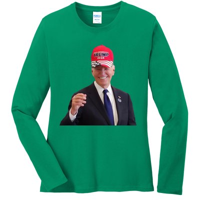 Funny Joe Biden Dons Trump 2024 Cap Wear A Trump Hat Ladies Long Sleeve Shirt