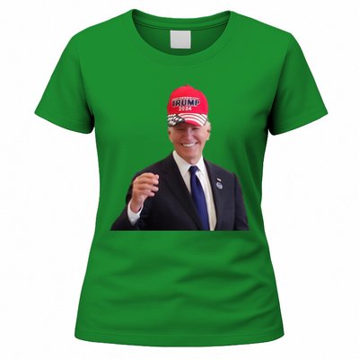 Funny Joe Biden Dons Trump 2024 Cap Wear A Trump Hat Women's T-Shirt