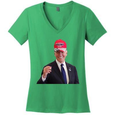 Funny Joe Biden Dons Trump 2024 Cap Wear A Trump Hat Women's V-Neck T-Shirt