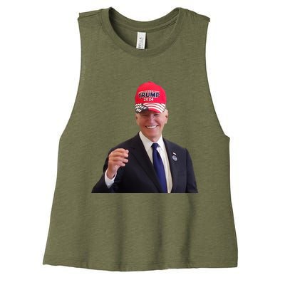 Funny Joe Biden Dons Trump 2024 Cap Wear A Trump Hat Women's Racerback Cropped Tank