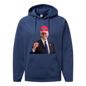 Funny Joe Biden Dons Trump 2024 Cap Wear A Trump Hat Performance Fleece Hoodie