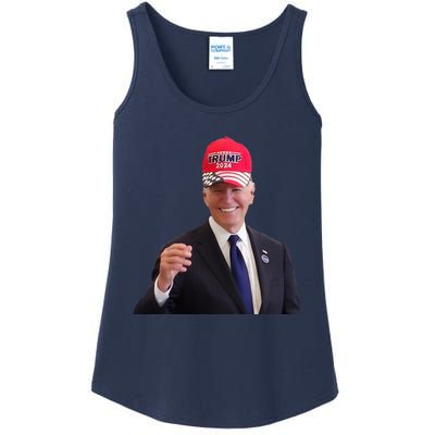 Funny Joe Biden Dons Trump 2024 Cap Wear A Trump Hat Ladies Essential Tank